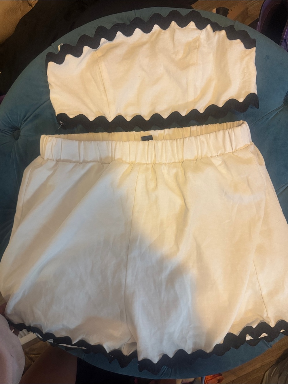 White Two-Piece Strapless Set with Black Scallop Trim